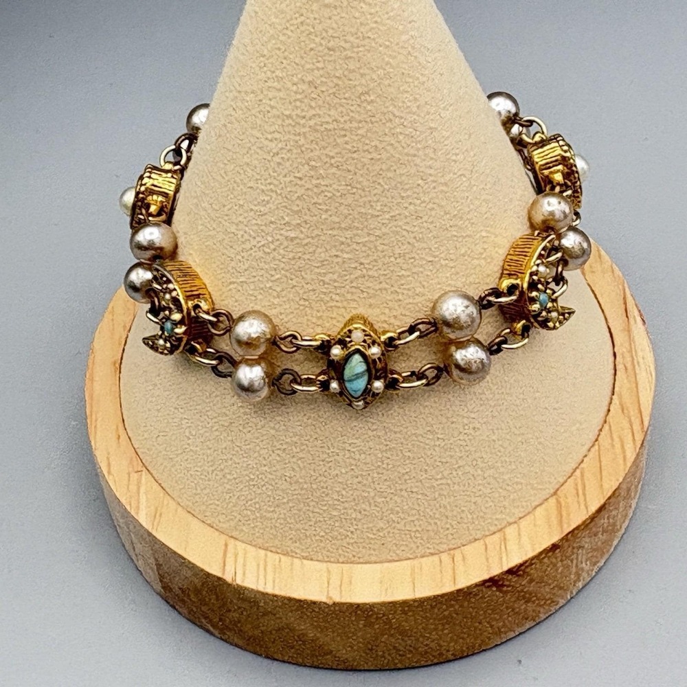 Vintage Goldette Double Link Bracelet Charms Faux Pearls Moon Celestial